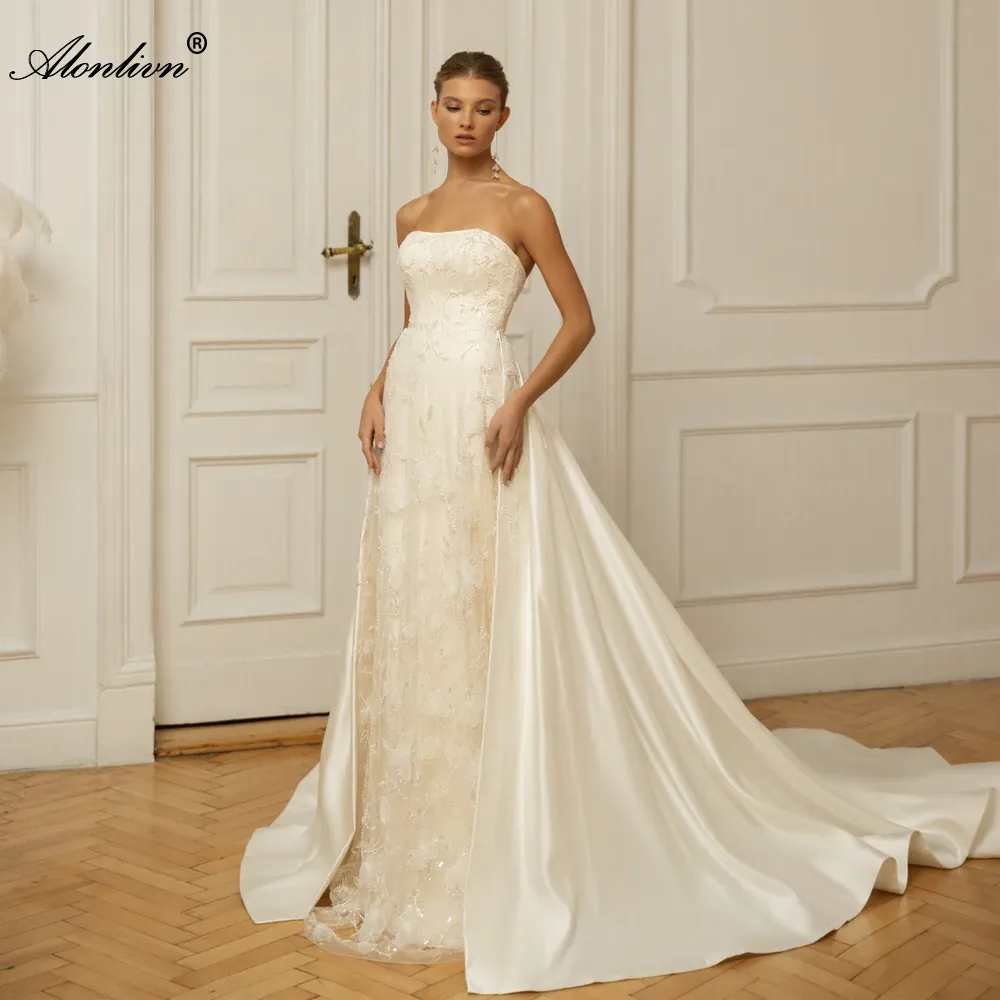 2024 Breathtaking Strapless 2 In 1 Mermaid Wedding Dress Shiny Beading Sequined Lace Removable Satin Train Off The Shoulder Trumpet Bridal Gowns