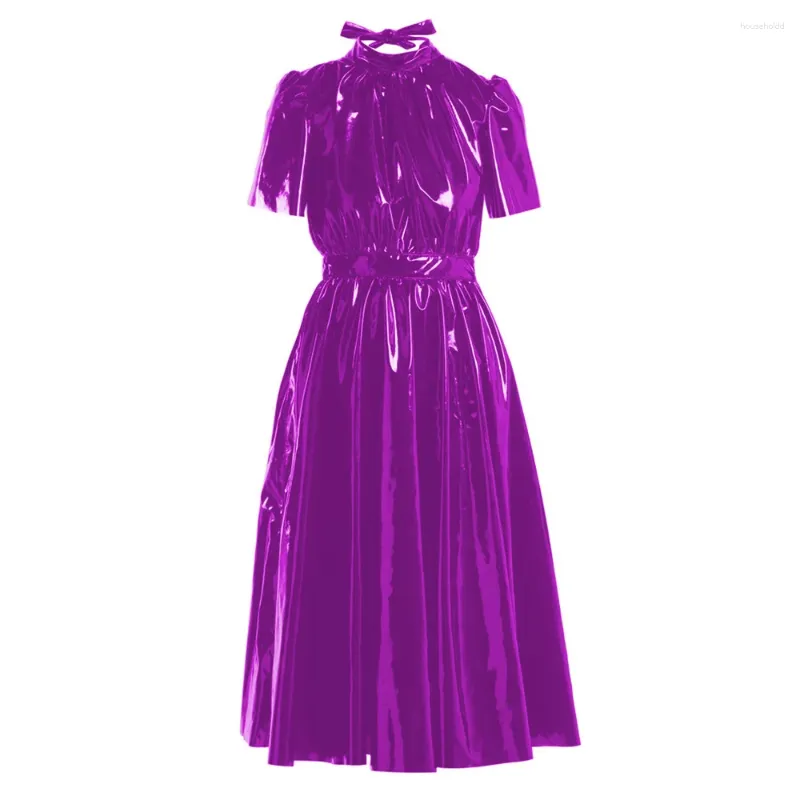 Casual Dresses Womens Elegant Empire Waist Cocktail Party Club Shiny PVC Leather A-line Pleated Ladies Long Dress Wetlook Solid Gown