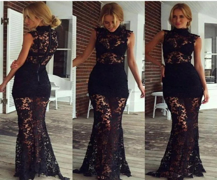 Black Full Lace Sheer High Neck Long Night Robes Femme Fête Forme Formelle Sans manches Longueur de plancher pas cher 20198258656