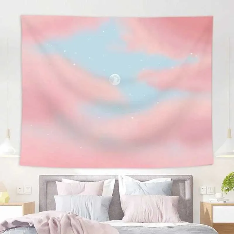 Tapestry Tapestries Hanging Pink Cloud Moon Cloth Background Canvas Oil Painting Dream Moon Bedroom Living Room Decorations Tapestry Girls R0411