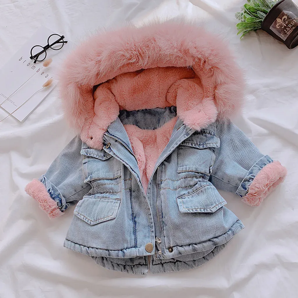 Animaux Hiver Baby Girl Veste en jean plus fourrure Toddler chaud fille extérieure enragineur peluche veste coton 16 ans