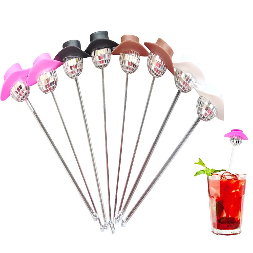 6pcs Bolas de discoteca Swizzle Sticks Cowgirl Hat Disco Ball Drink Spirrs Glitter Coffee Spirrs Decoração de coquetéis de plástico