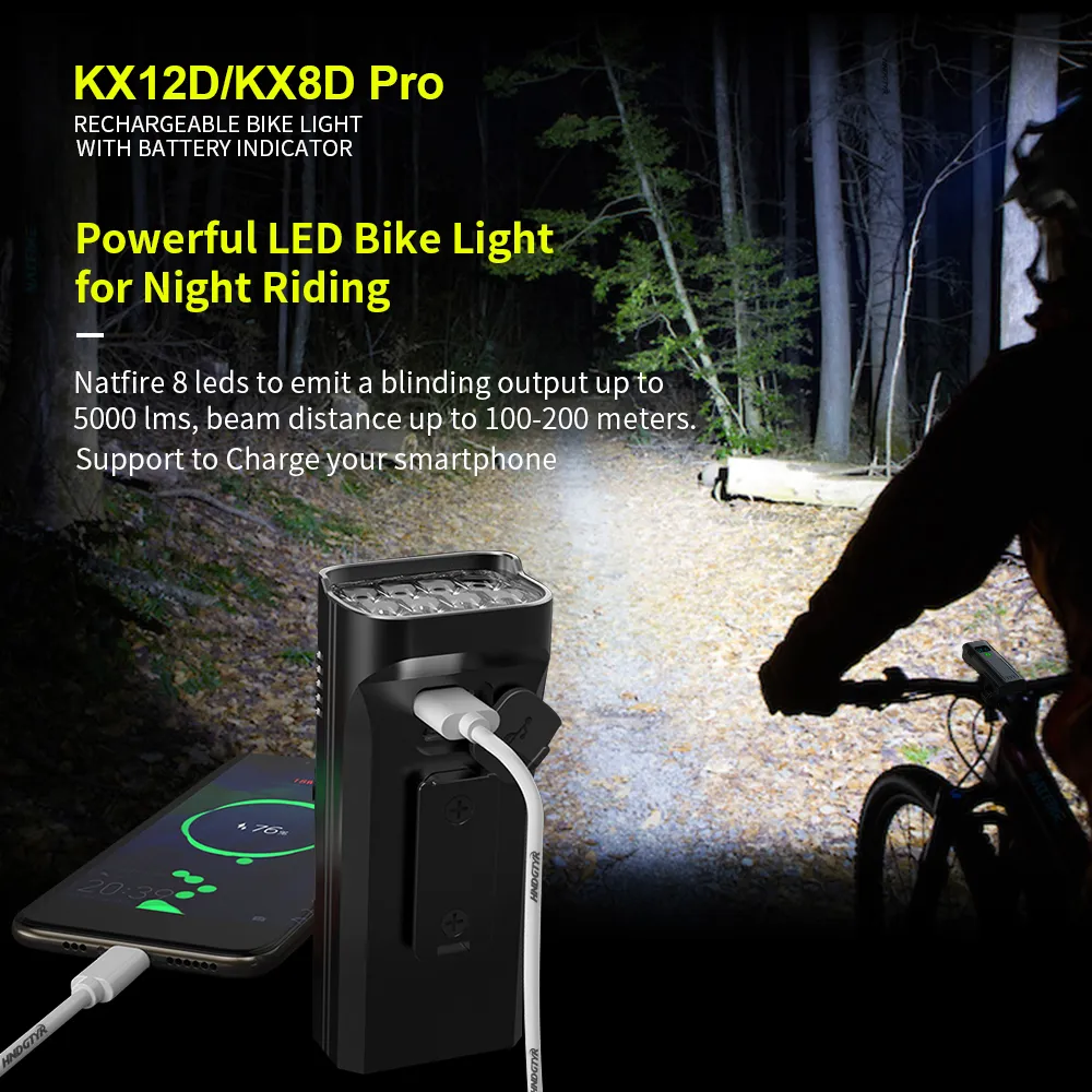 Natfire 12 LED LUZ DE LED 4800 LUMEN USB C Recarregável de alumínio MTB Luz de bicicleta 10000mAh