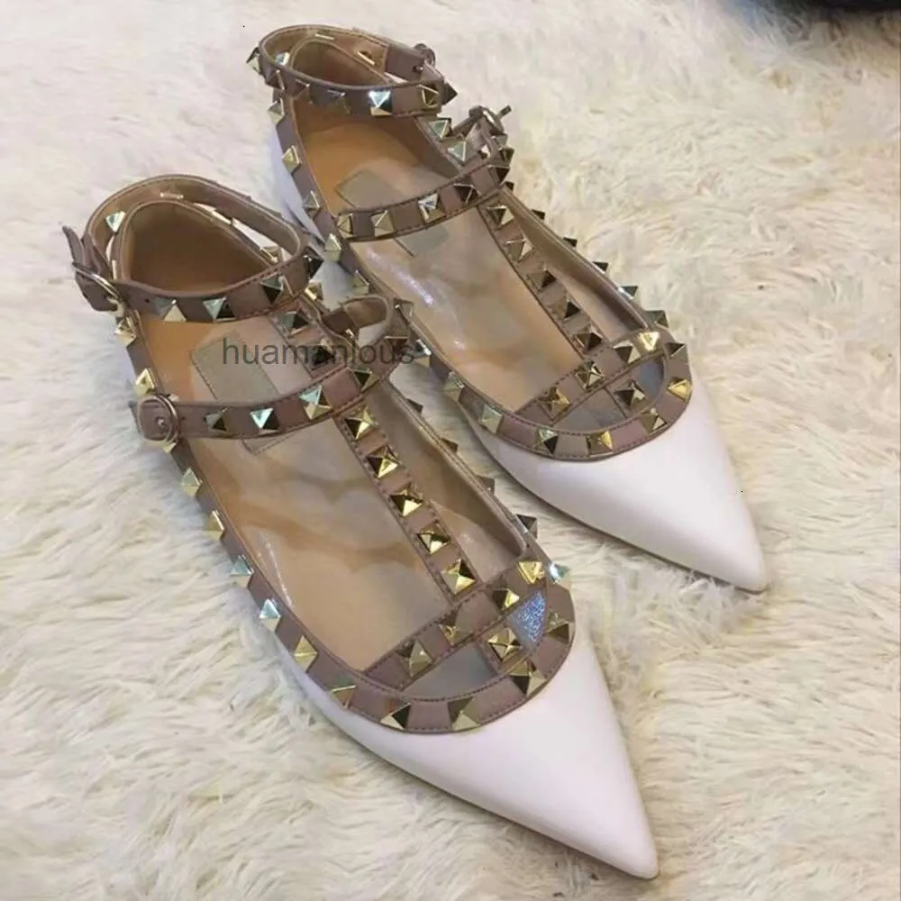 v Pointed Valenstino Pump Summer New Designer Shoes Family Shallow Mouth Mixed Flat Label Rivet Heel Soft Sole Single Stud J7NB