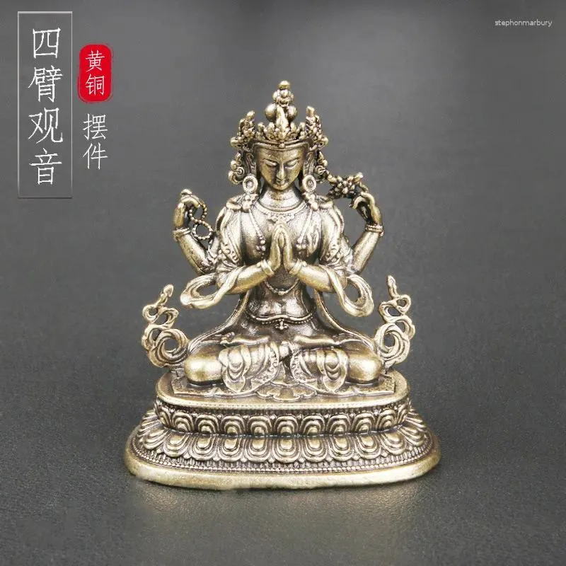 Orecchini di collana impostati in ottone a quattro braccia di guanyin statue ornamenti religiosi di adorazione degli dei bodhisattva statue di bronzo culturale