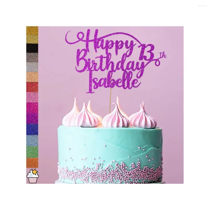 Party Supplies Personlig Happy Birthday Glitter Cake Topper av Cakeshop | Anpassad färg valfritt namn ålder dubbelsidigt kort de
