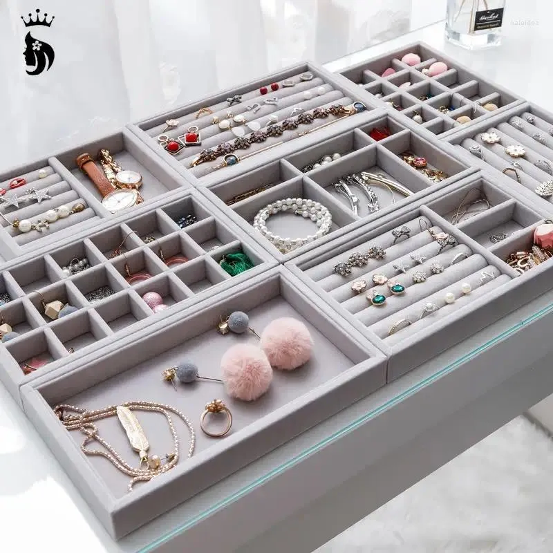 Jewelry Pouches Handmade DIY Box Drawer Storage Organizer Gray Soft Velvet Earrings Necklace Pendant Bracelet Tray