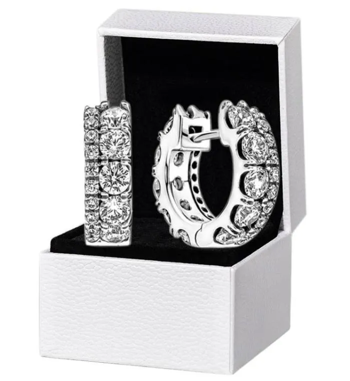 Kadınlar Erkek Çift Band Pave Hoop Küpeler Otantik 925 STERLING Silver Party Circle Stud Cupring6639385 için Orijinal Hediye Kutusu