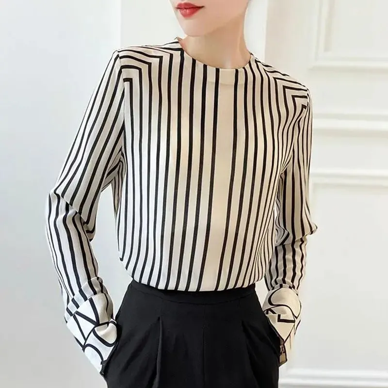 Blusa De Manga Larga A Rayas Para Mujeres Black White, Cuello O