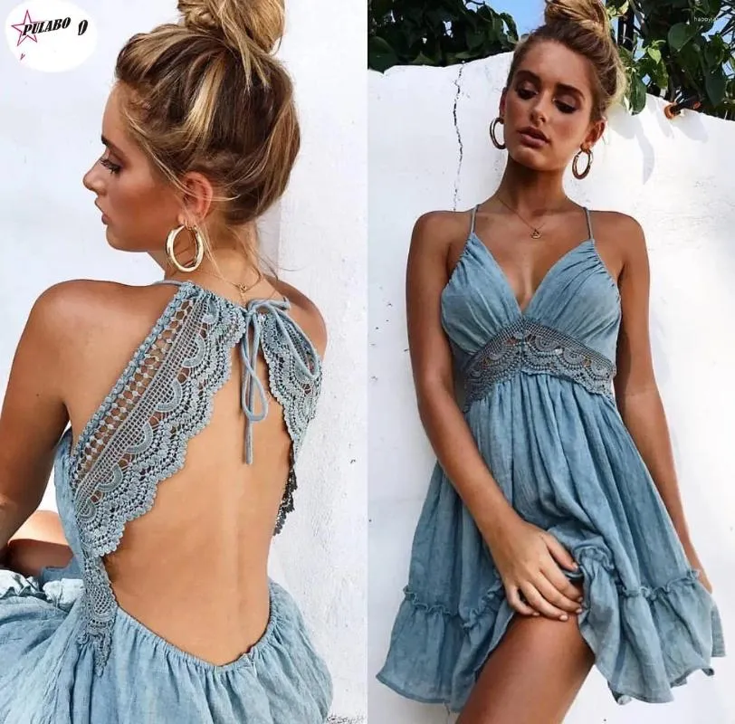 Vestidos casuais Pulabo Mulheres Sexy Backless Lace Halter Dress Summer Femme V Neck Mini Party Rufle Up Back Beach Sundress feminino