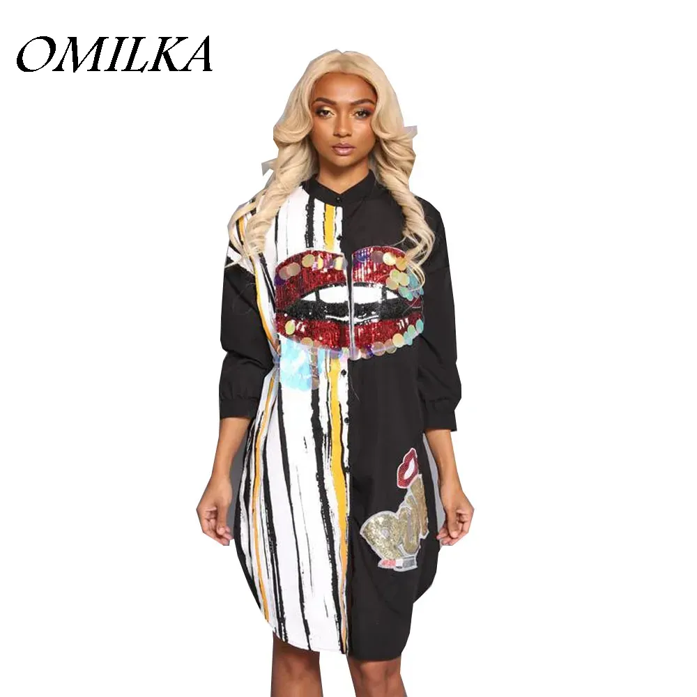 Jurken Omilka 2017 Autumn Winter Winter Women Long Sleeve Cartoon Parnas Shirt Jurk Casual Harajuku Hip Hop Shiny Club Party Midi Dress