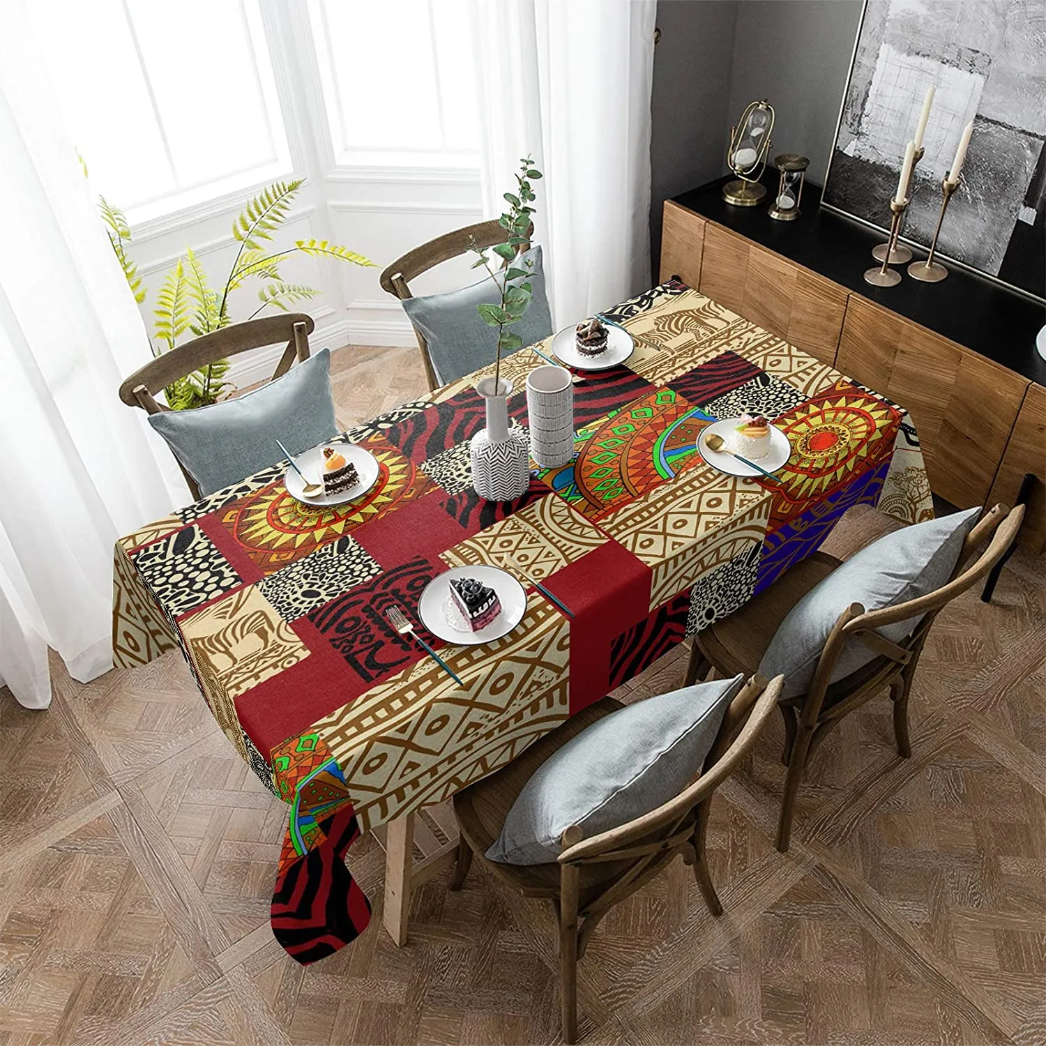 African Ethnic Ornaments Giraffe Rectangle Tablecloth Kitchen Table Decor Reusable Waterproof Table Covers Wedding Decorations