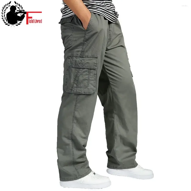 Calça masculina de verão na cintura alta elástica de tamanho plado de tamanho 6xl cargo homens muitos bolsos soltos trabalham calças retas masculinas