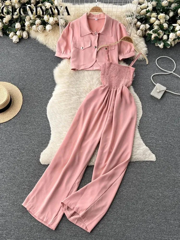 Tweedelige broek voor dames glcmyaya streetwear mode spaghetti riem losse jumpsuit shirt jas 2 set zoete zomer sexy club ins