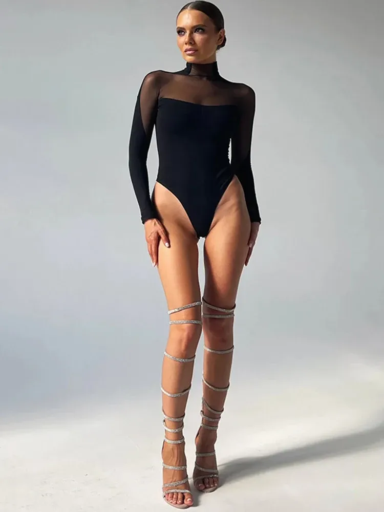Bodys Femmes sexy festivals de col roulé transparents tenues Top à manches longues