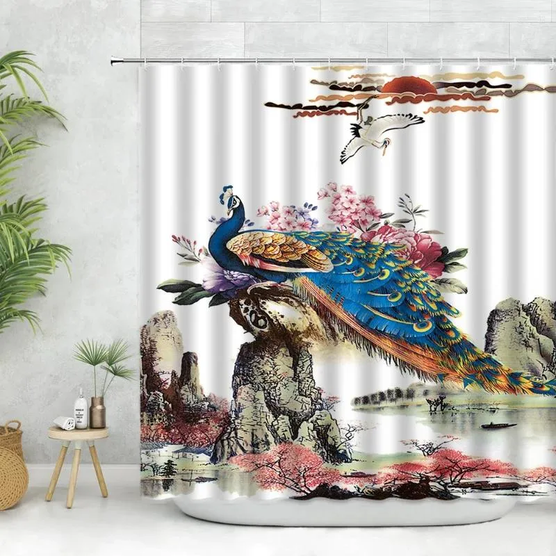 Zasłony prysznicowe pawie starożytne chińskie ptaki z piór łazienka kwiat poliestrowy ekran kąpielowy z haczykami dekoracja domu