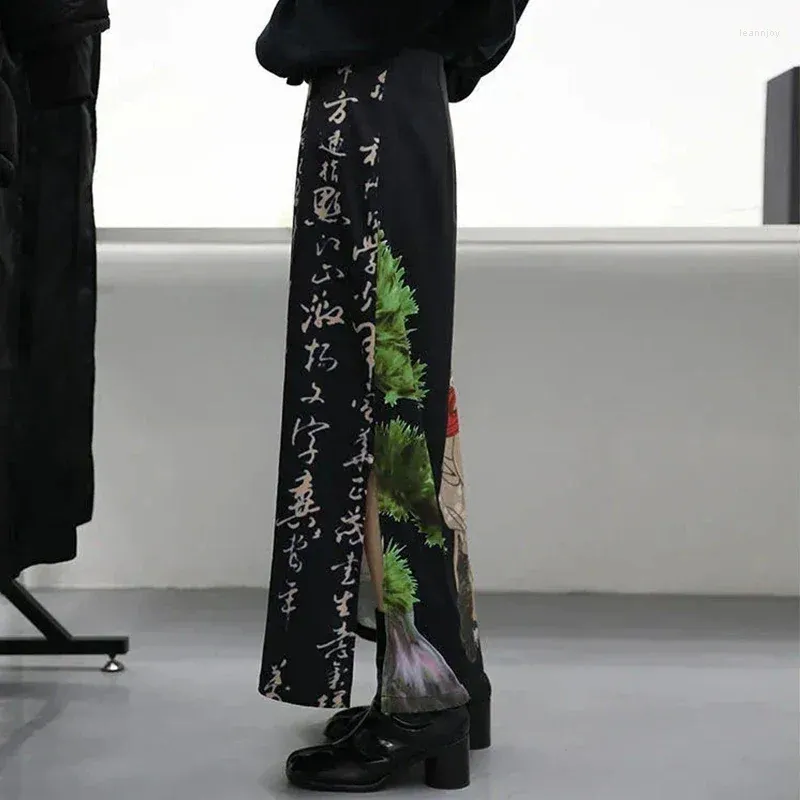 Spódnice 2000s y2k vintage harajuku czarny druk Kobiety gotyckie japońskie krawat bar barb a-line długa spódnica streetwear high talia Koreańska