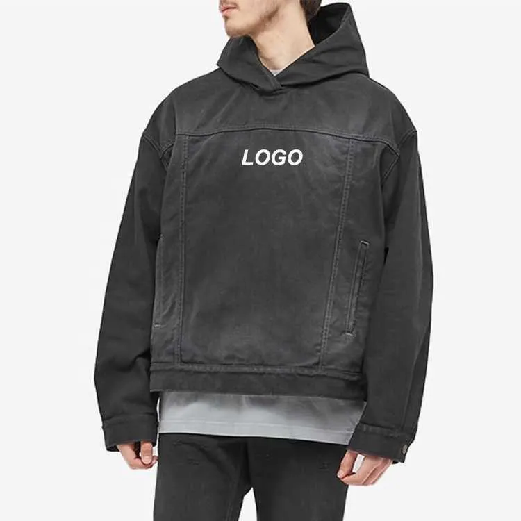 OEM Custom 100% katoenen gebleekte gewassen groothandel oversized pullover bijgesneden Jean denim hoodie jas voor mannen