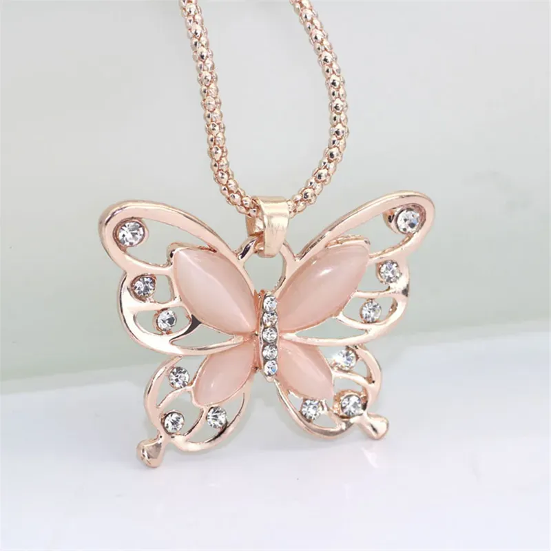 18K Rose Gold Plated Sweater Chain Necklaces Lucky Crystal Butterfly Pendant with Long Chain Fashion Cat Eye Stone Hollow Animal Necklace Jewelry Gift for Women