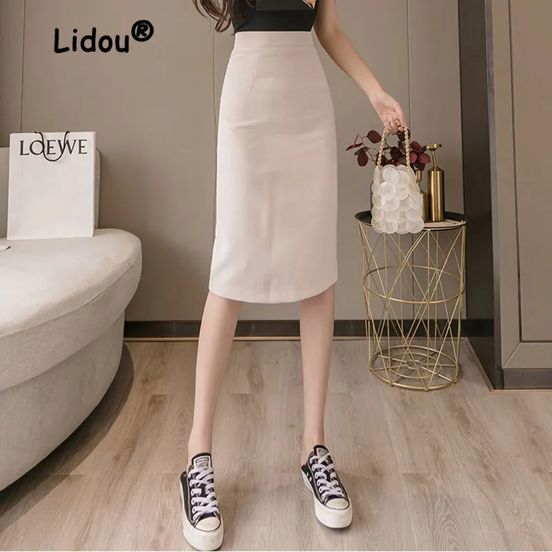 Couleur solide d'été classique Bifurcate Hip Wrap Jirt Femmes High Waist Cylinder Bureau All-Match Lady Casual Jupe