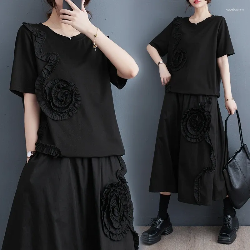 Work Dresses 3D Flowers Summer Japanese Style Woman Black Two Piece Set A Line Skirt Oversized Top Loose Fit Casual Wear