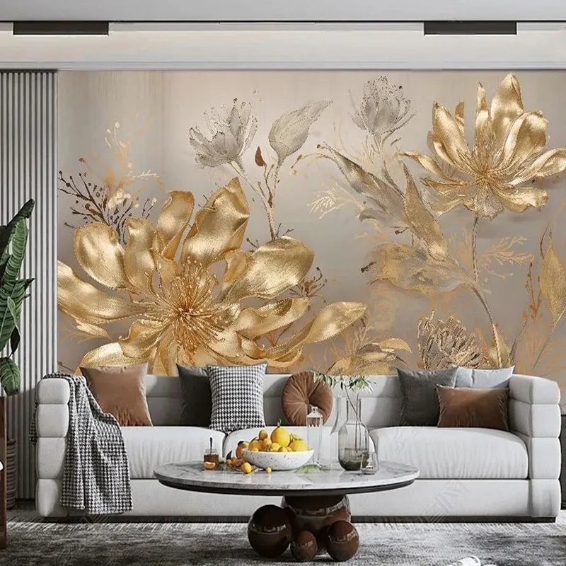 3D Duvar Kağıdı Modern Işık Lüks 3D Altın Çiçek Sanat Duvar Oturma Odası Yatak Odası Ev Dekor Duvar Boyama 3D Papel De Parede