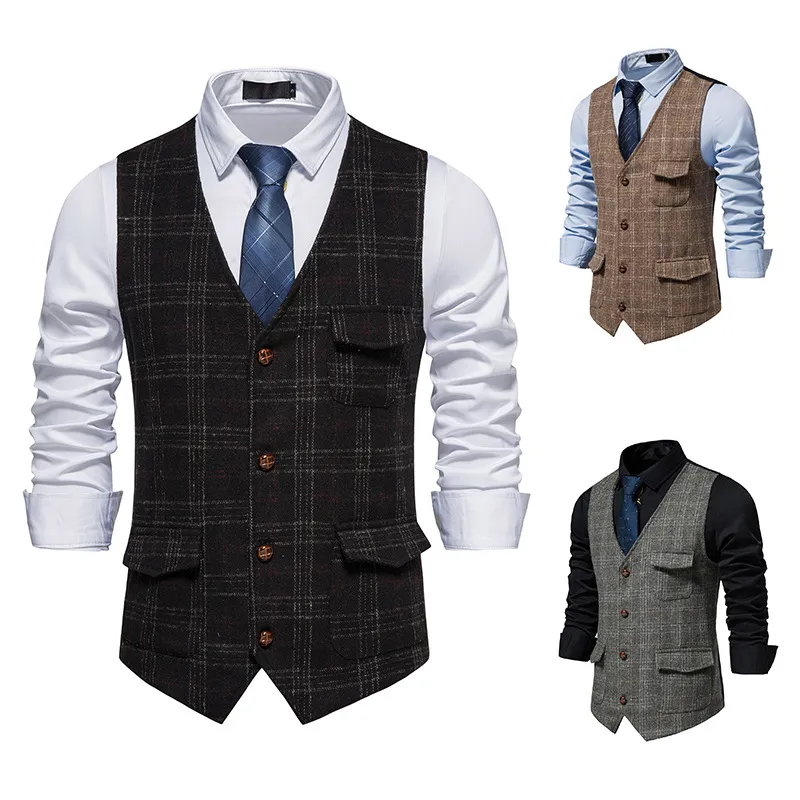 2023 Nieuw Tide Britse stijl Black Gray Plaid Single Breasted Vest for Man Casual Wedding Vesten