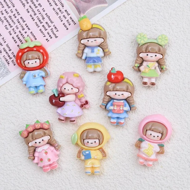 Figurine decorative 10pcs Kawaii Cartoon Fruit Girl Resin Cabochon Flatbacks per Centro Bow Centro per capelli Decorazione del telefono fai -da -te