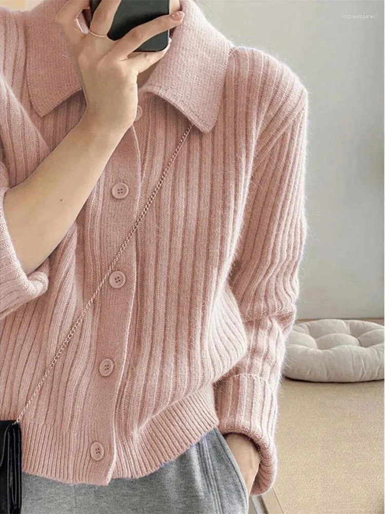 Damen Strick rosa Pullovermantel Frauen Frühling Herbst Turndown Kragen Single Breasted Cardigans Mode süße, miteinander abgestimmte Strickwege