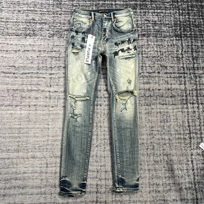 Herren Jeans Herren Designer Hip Hop Splared Jeans Distressed Ripped Slim Fit Motorcycle Biker Denim Hosen Mans Strtwear Wäsche lila Hosen T240411