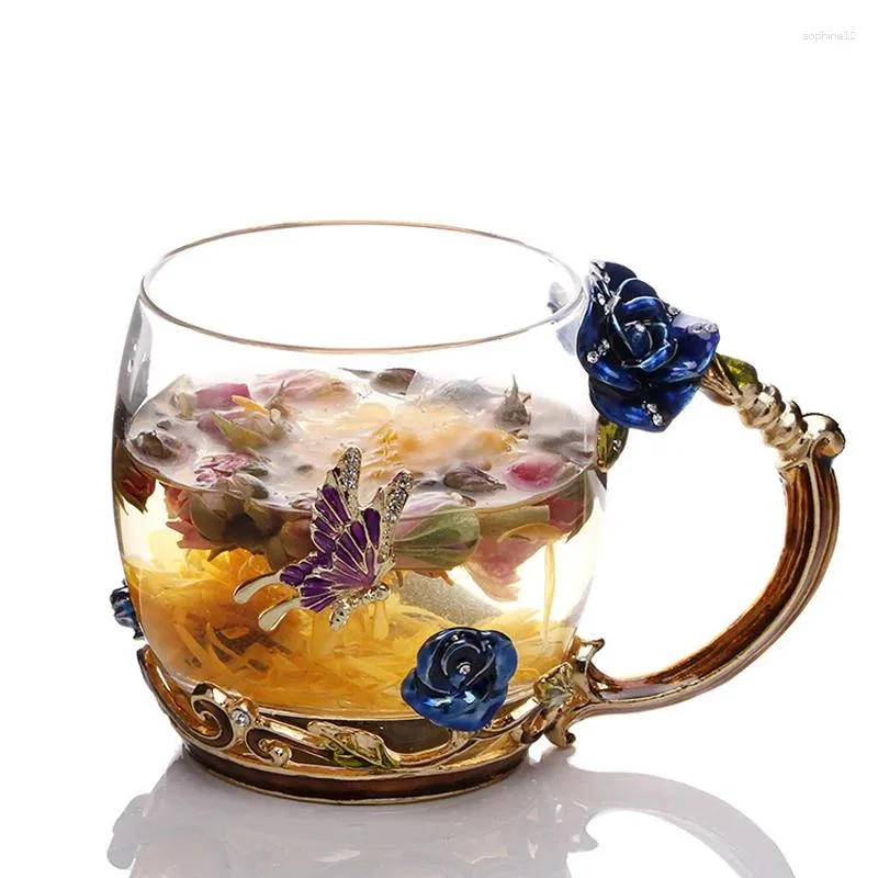 Verres à vin créatifs émaillés à la main à la main décriation de fleur de fleur en verre cristalbe de café tasse d'eau avec cuillère avec cuillère