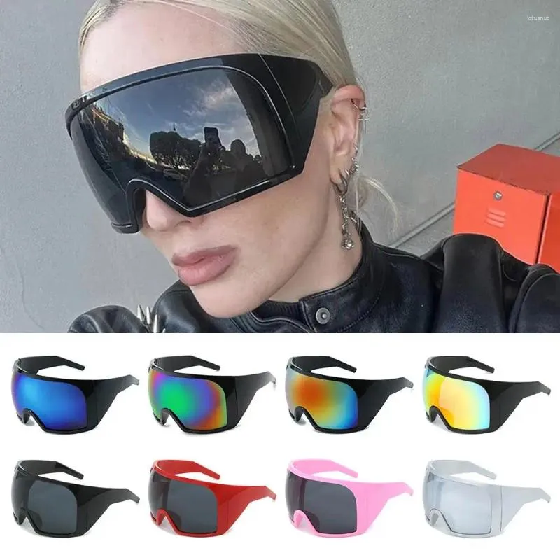 Lunettes de soleil Lunes monoblophones surdimensionnées pour femmes hommes Punk Sun Glasses Futuristic Rave Curved Len