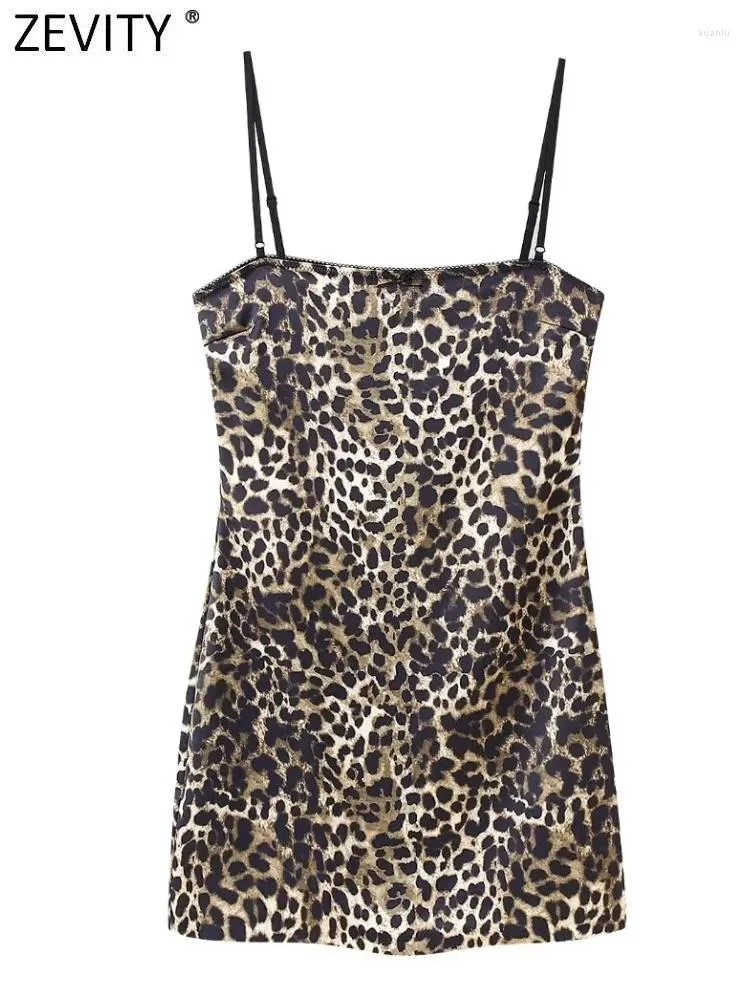 Vestidos casuais Zevity 2024 Mulheres High Street Street Sleeseless Leopard Print Lace Edge Sling Mini vestido feminino chique em zíper Festa vestidos