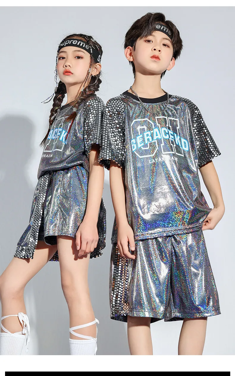 Grey Sequined Kpop Outfit For Kids Hip Hop Clothing For Boys And Girls Casual Streetwear Summer T Shirt And Shorts For Jazz Dance Costume From Homepro7 34.11 DHgate.Com