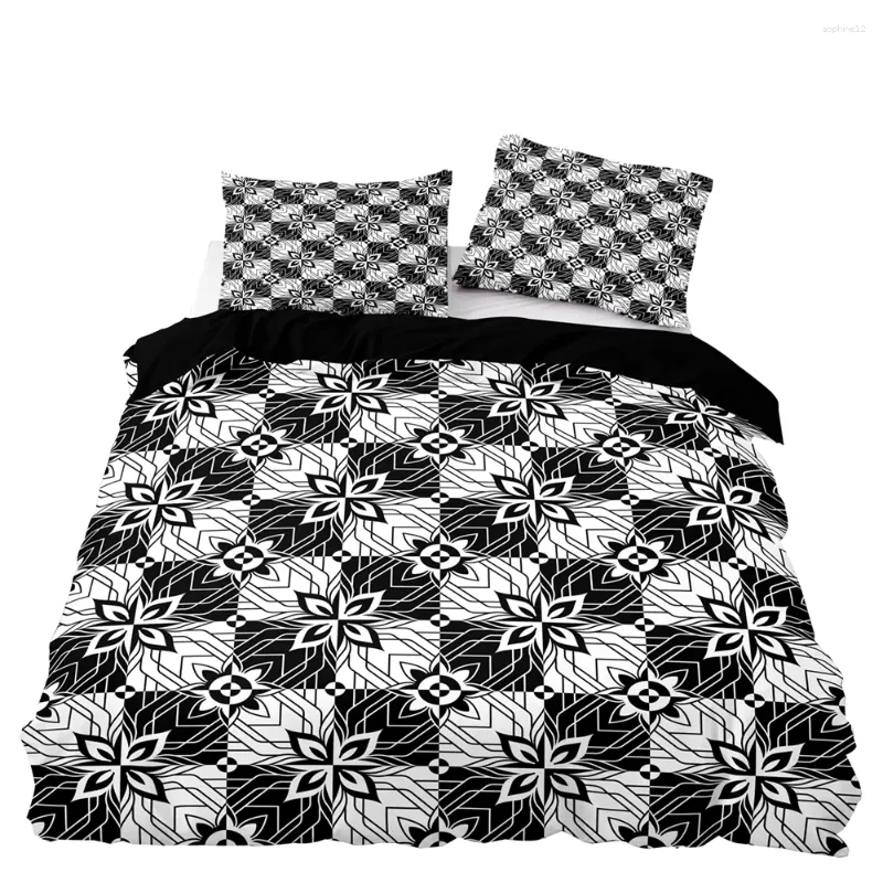 Sängkläder sätter retro stil täcke täcker fyra bladklöver tryck set dubbel tvillingstorlek med örngott för svart vit söm hemtextil