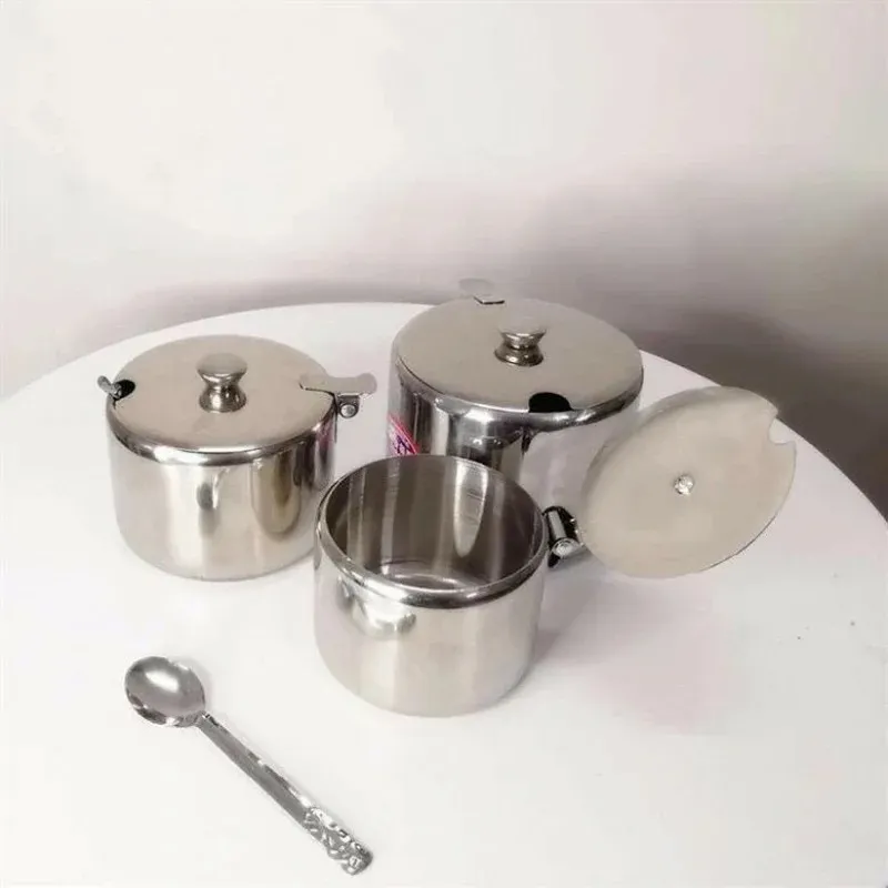 2024 Mini Stainless Steel Kichen Salt Storage Pot Jars Tea Sauces Coffee Jam Storage Pot with Lid Spoon salt storage pot with spoon