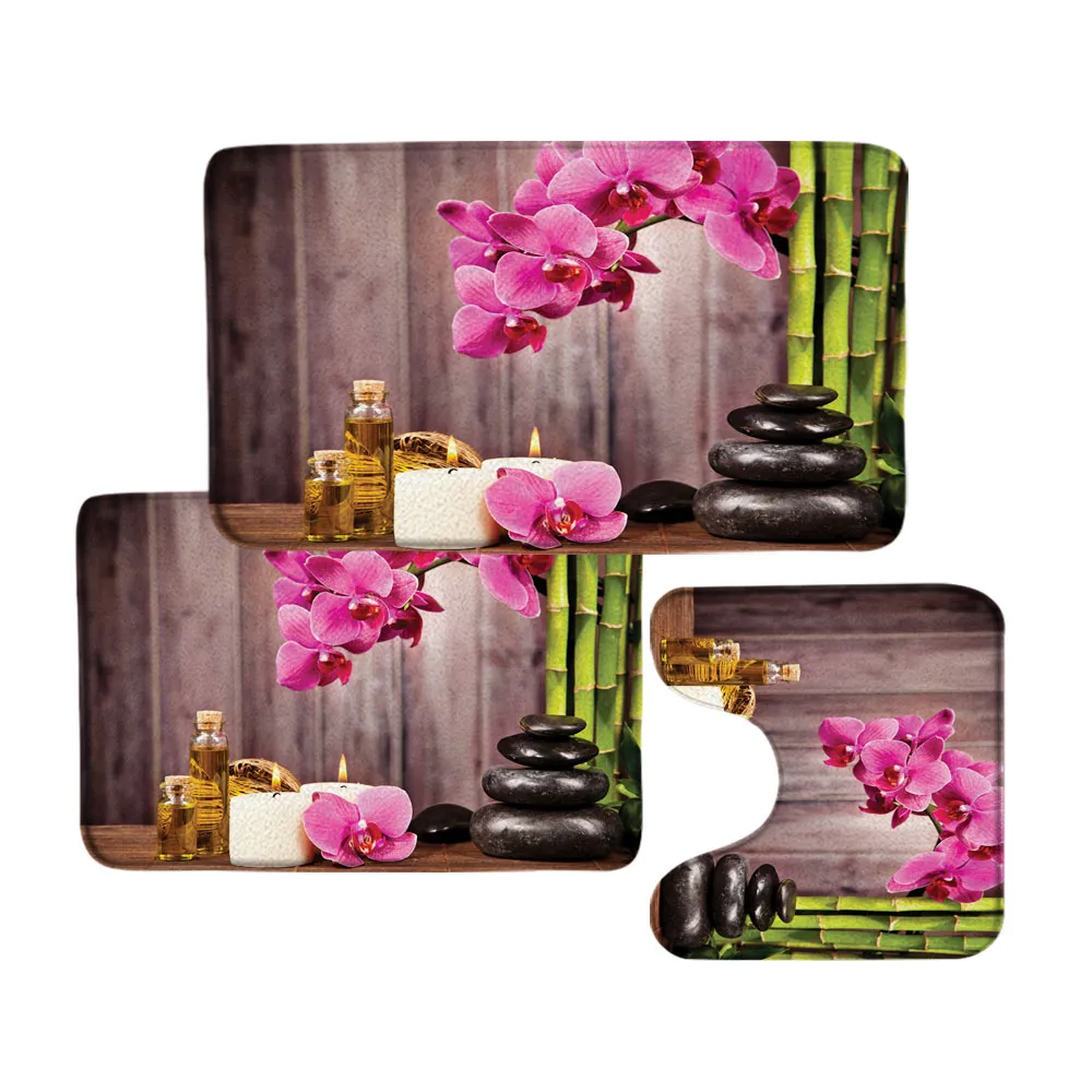 Mat de bain zen Set Green Bamboo Purple Orchid Flowers Plant Black Stone Spa Spa Bathroom Decor Carpet Floor Tapes