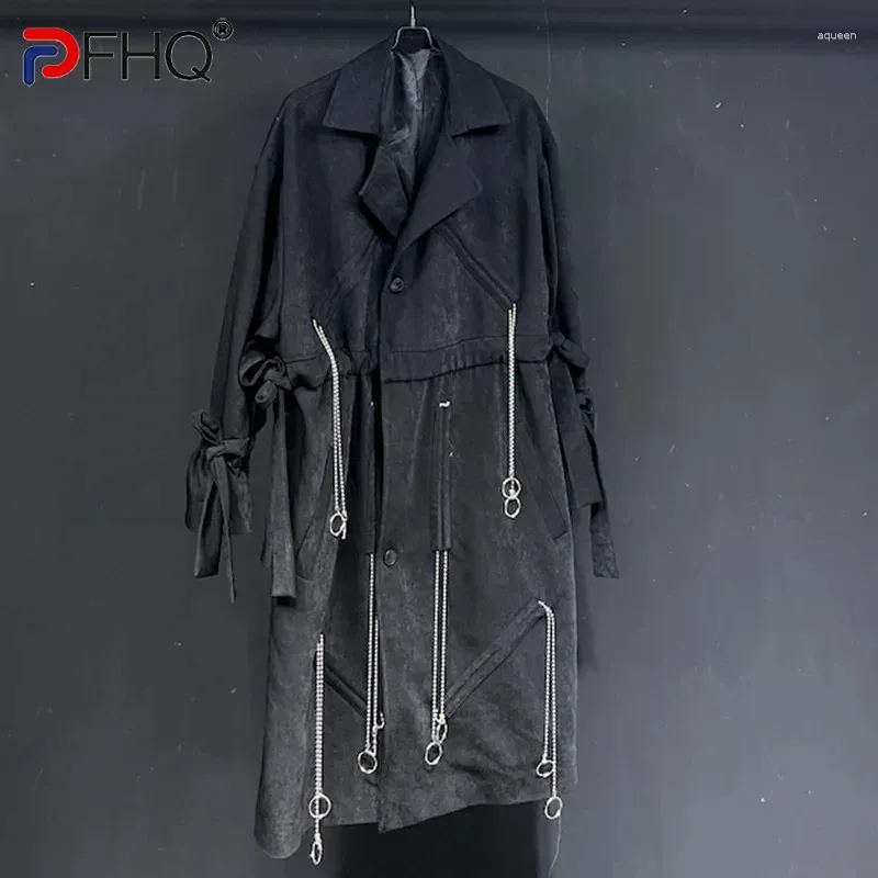 Heren Trench Coats PFHQ Metal Chain Autumn Mid Length Coat American Niche Hoge Kwaliteit losse een enkele borsten Warm Windschepen 21Z4311