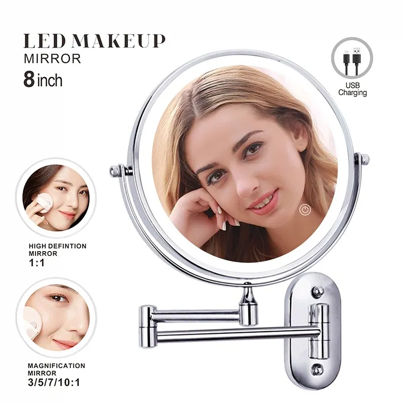 8 inch Wall Mounted Makeup Mirror Chrome 3X-10X Magnifying 3 color LED light Double Side Bathroom Smart Shaving Cosmetic Mirrors