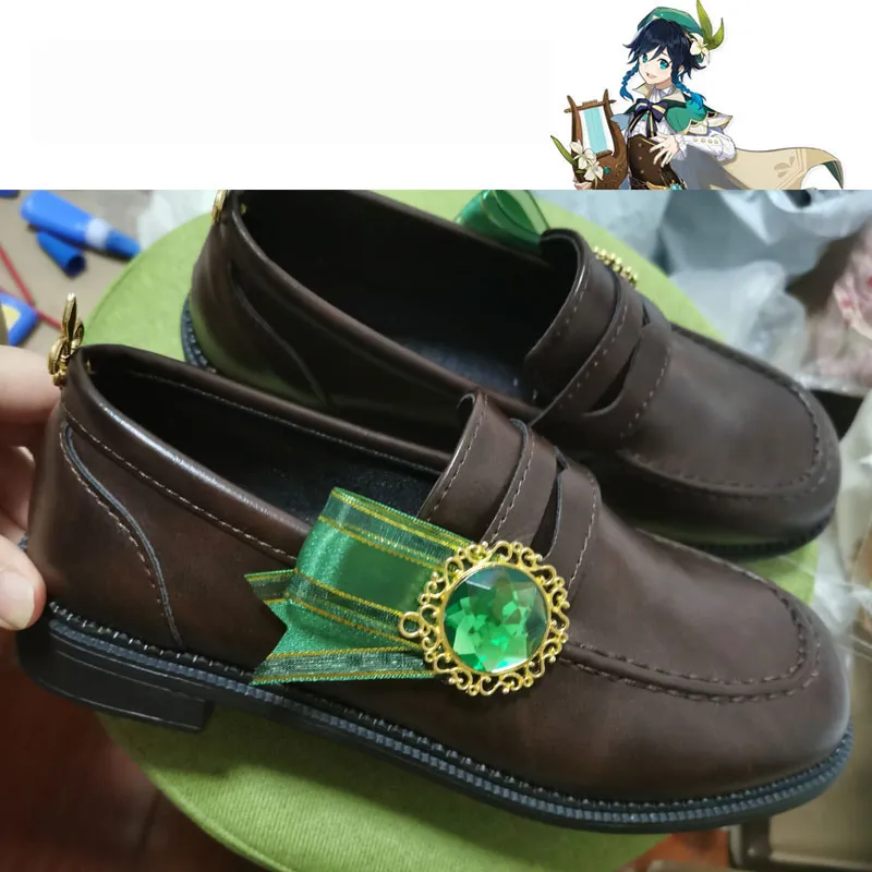 Genshin Impact Venti Cosplay Shoes Lolita Pu Leather Boots Barbatos Halloween Parps