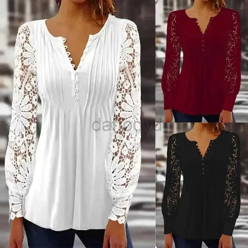 Women's Blouses Shirts 2024 Elegant Causal Blouses Sexy Fashion Soild V-neck Long Sleeve Women Shirts Lace Hollow Out Patchwork Design Office Lady Tops 240411