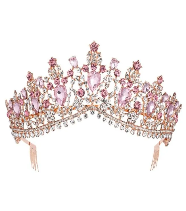 Barock Rose Gold Pink Crystal Bridal Tiara Crown med Cam Pageant Prom Rhinestone Veil Tiara Pannband Bröllop Hårtillbehör Y9686779