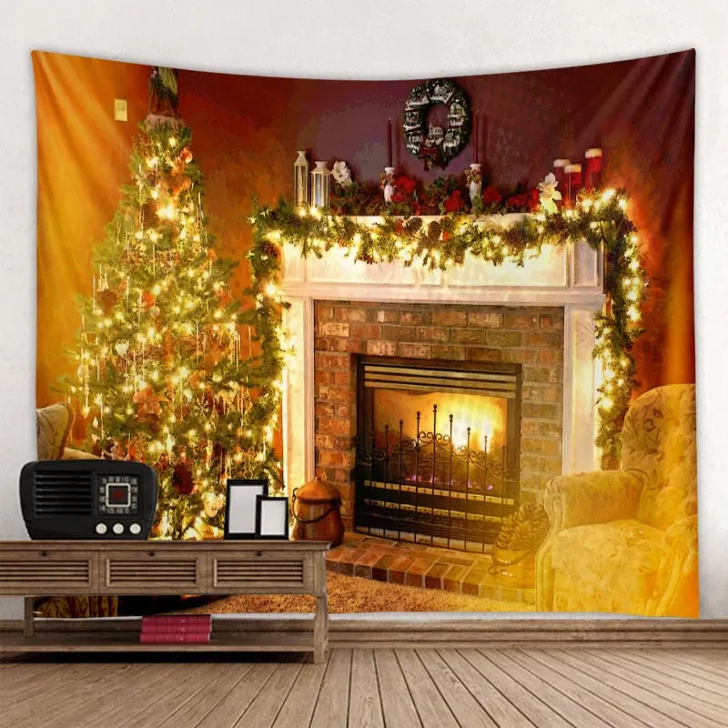 Christmas Tapestry Fireplace Tapestry With Lights Christmas