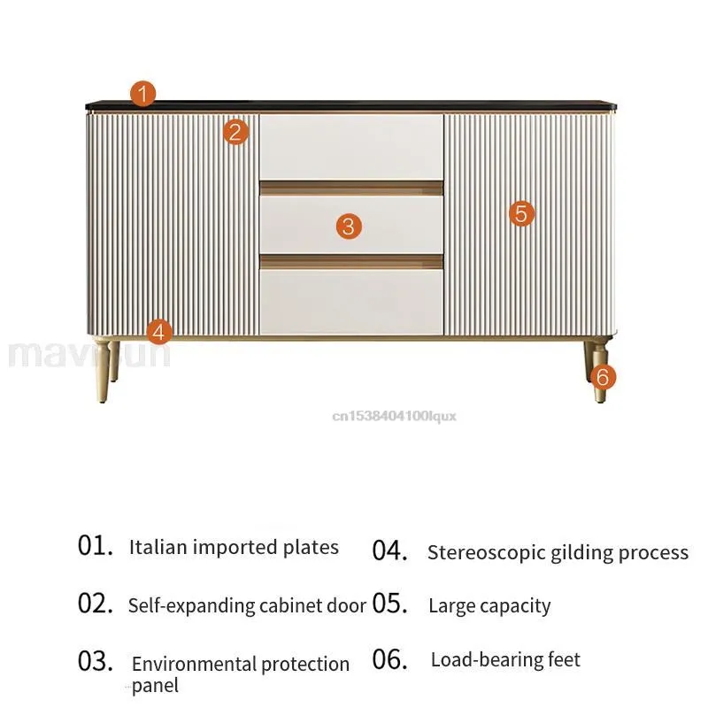 Moderna entréhallens sidobord med stor kapacitet matsalsmöbler gyllene linjer förvaring av köksskåp i vitt