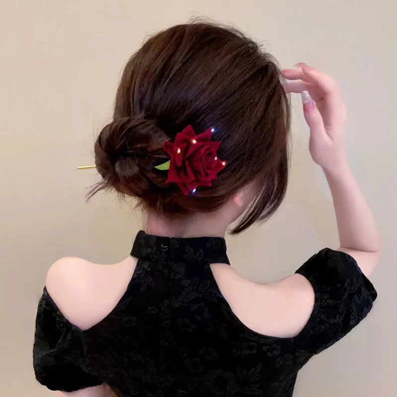 Romantisk ros flockar hårnålblomma hårpinnar med strass för kvinnor brud blommor hårklipp huvudbonader smycken