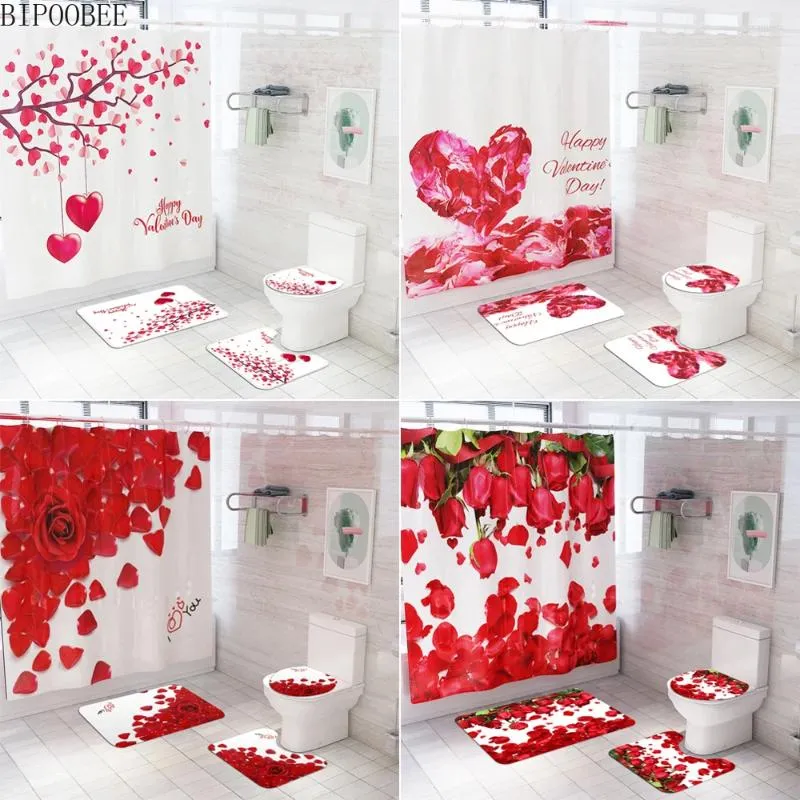 Shower Curtains Petal Love Rose Flower Bathroom Curtain Set Bath Mats Rugs Valentine's Day Anti-slip Rug Toilet Lid Cover Carpet