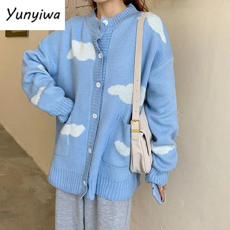 الحياكة النسائية اليابانية kawaii harajuku cardigan women cloud طباعة كوريا الفضفاضة الأزرق معطف المعطف