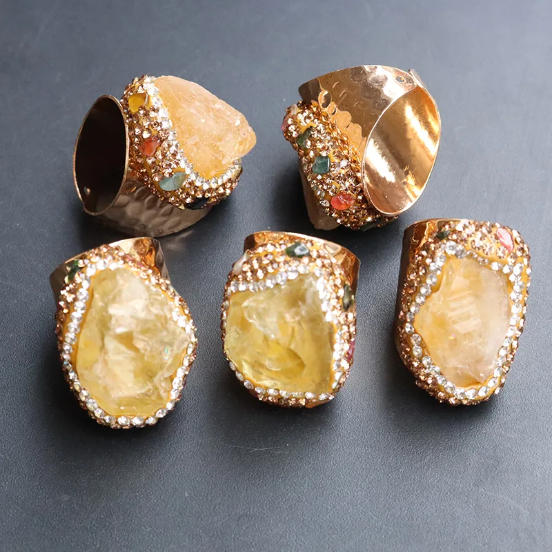 Micro -inleg citrine kristal open ringen voor vrouwen onregelmatige boho natuurlijke kristallen vingerring bruiloft sieraden