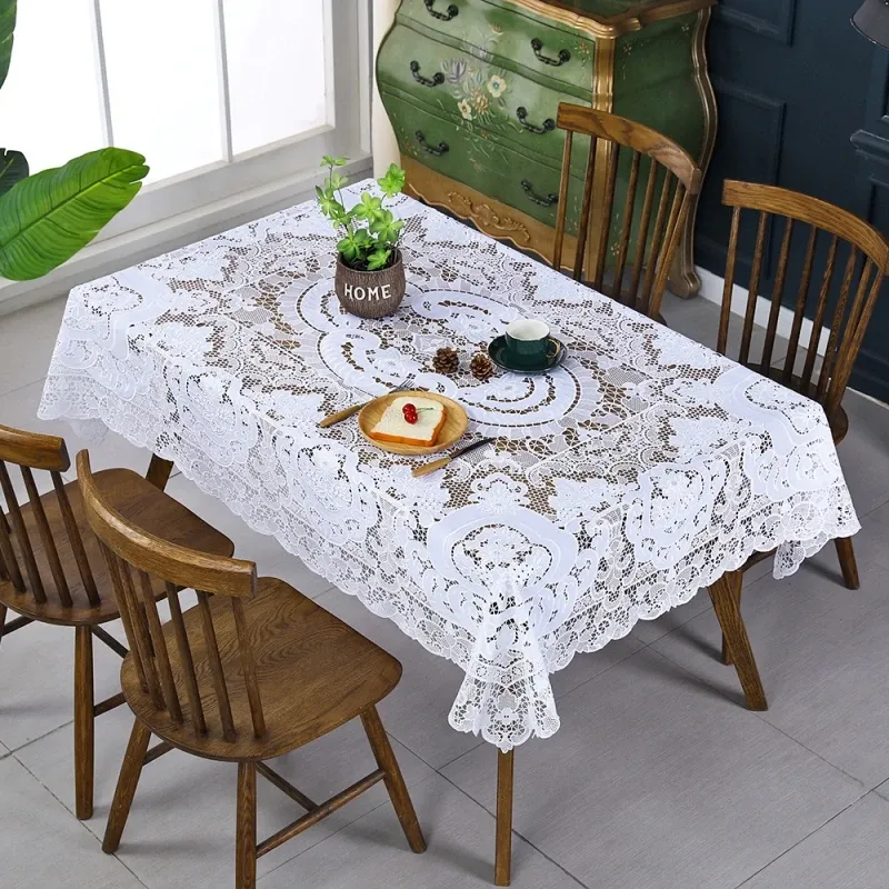 Talha de mesa bordada em estilo de renda de estilo de luxo clássico, decoração de banquetes de casamento, toalha de mesa branca, móveis, à prova de poeira