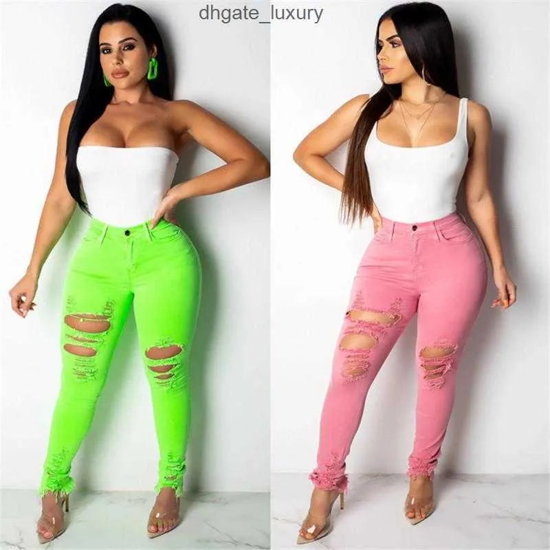 Jeans femininos 2021 Mulher verde e rosa rasgou moda de moda alta de rua skinny de rua